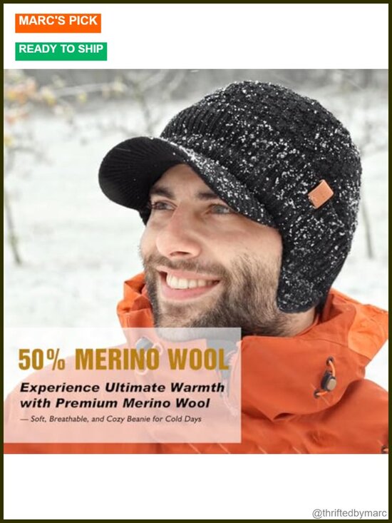 Waterproof Merino Wool Brim Beanie with Ear Flaps | Fleece Lined for Skiing & main image 4